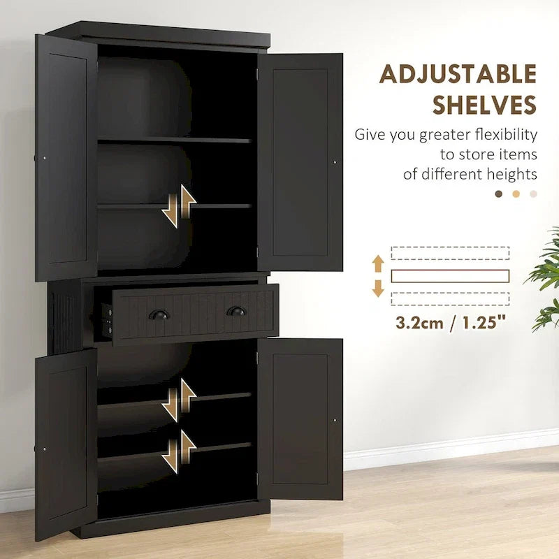 Meuble de rangement de cuisine autoportant traditionnel de 72 pouces avec 4 portes et 3 étagères réglables, grand tiroir central