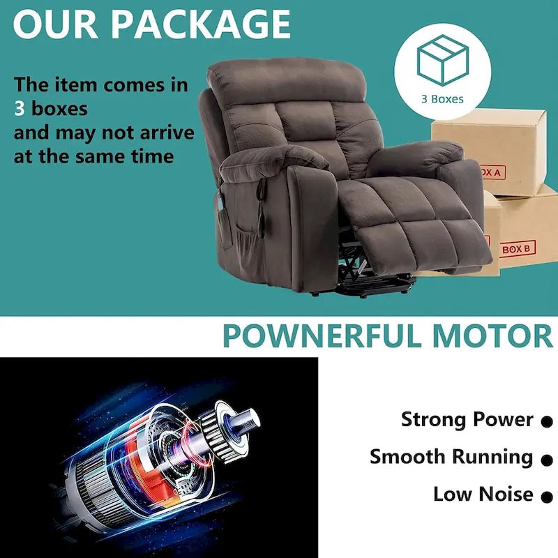 Grand fauteuil inclinable de massage électrique avec fonction de levage, chauffage et porte-gobelet dissimulé
