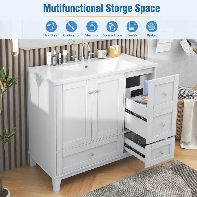 Meuble-lavabo de 36 pouces avec chargement USB, évier en résine, cadre en bois massif, 3 tiroirs de rangement