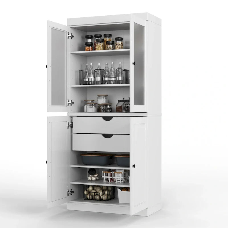 Meuble de rangement en bois massif avec portes en verre dépoli, portes pleines, 2 tiroirs et étagères réglables
