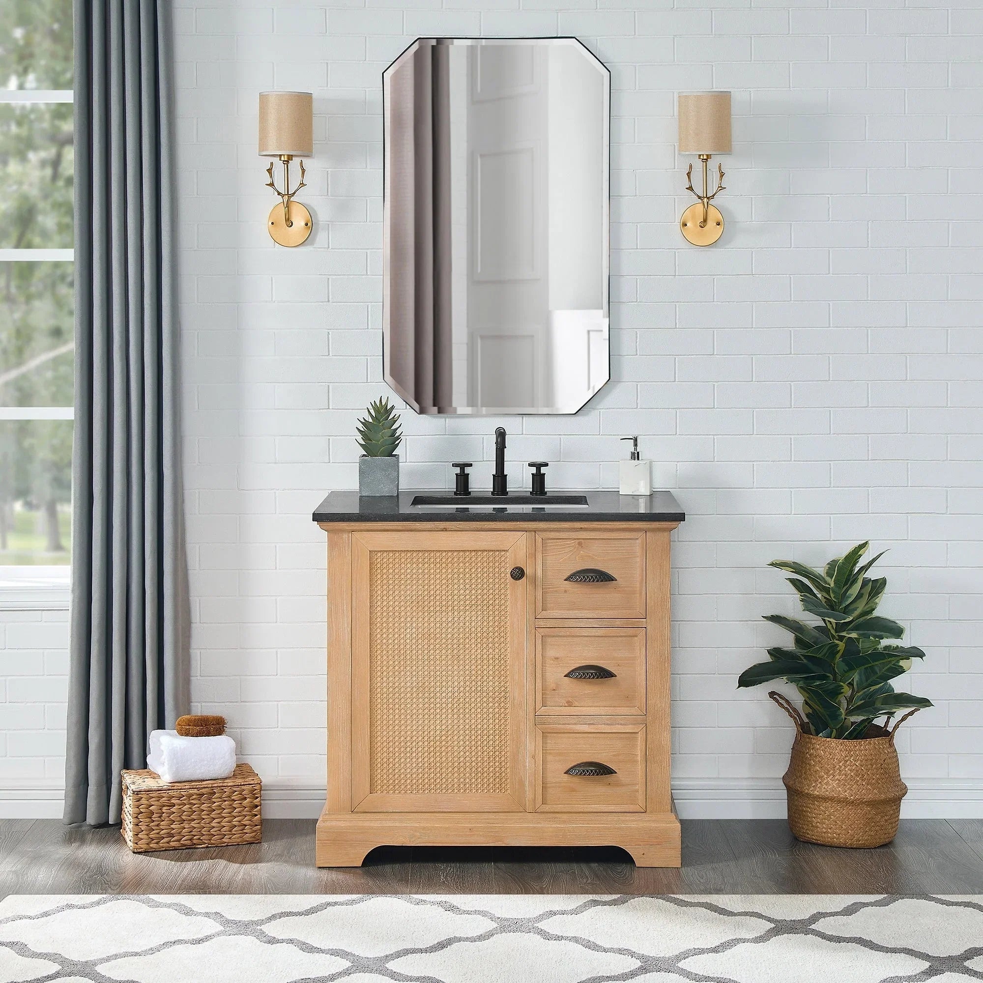Meuble sous-vasque Hervas avec plateau en marbre naturel, sans miroir