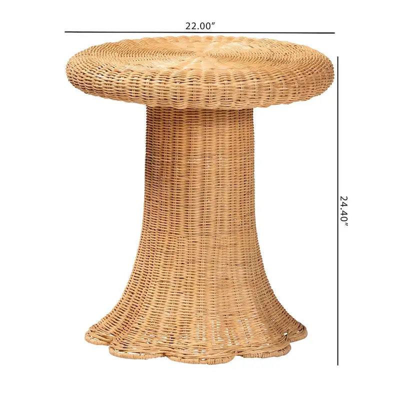 Table d'appoint Avalon en rotin naturel - Table en osier tressé à la main avec base à jupe, style côtier pour salon ou couloir
