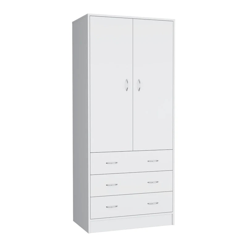 19 Armoire moderne à deux portes avec 3 tiroirs et 1 tringle de penderie pour chambre à coucher