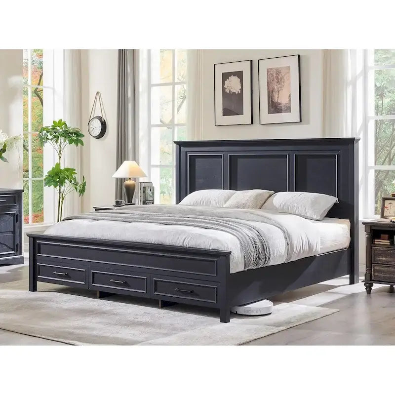 Cadre de lit en bois King Size de style ferme avec tête de lit, cadre de lit plateforme