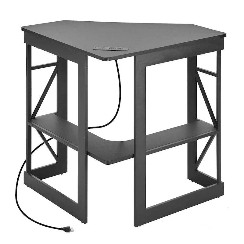 Bureau d'Angle Petit Bureau avec Prises, Table d'Angle pour Petit Espace, Bureau d'Ordinateur avec Ports USB, Bureau Triangle avec Rangement
