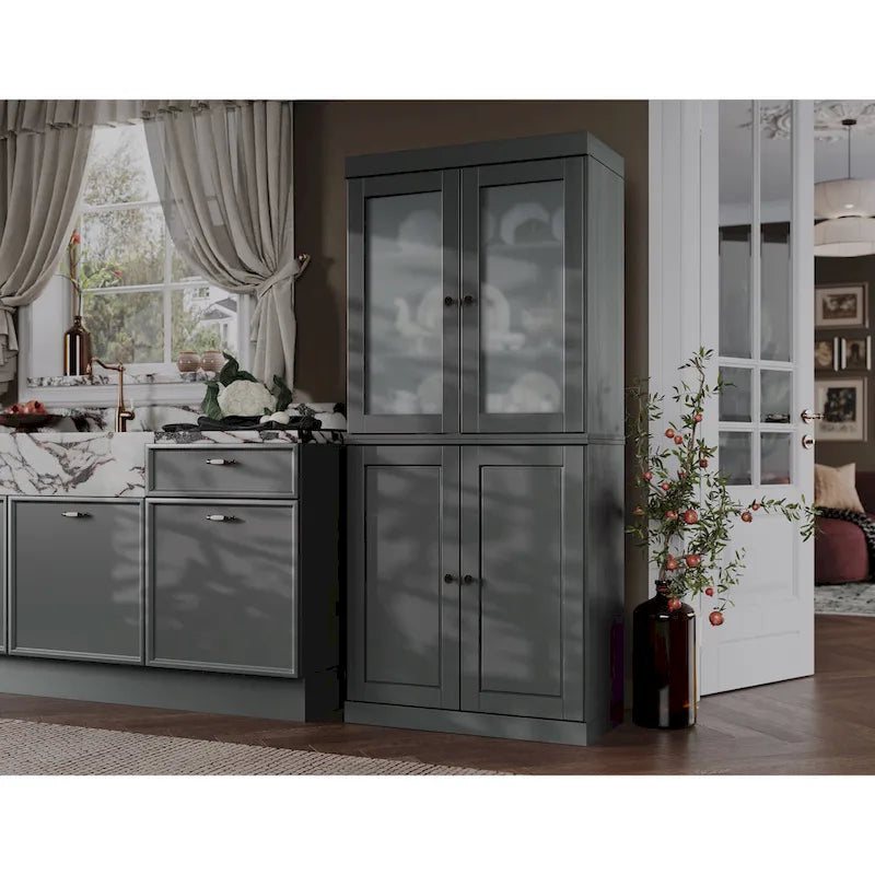 Meuble de rangement en bois massif avec portes en verre dépoli, portes pleines, 2 tiroirs et étagères réglables