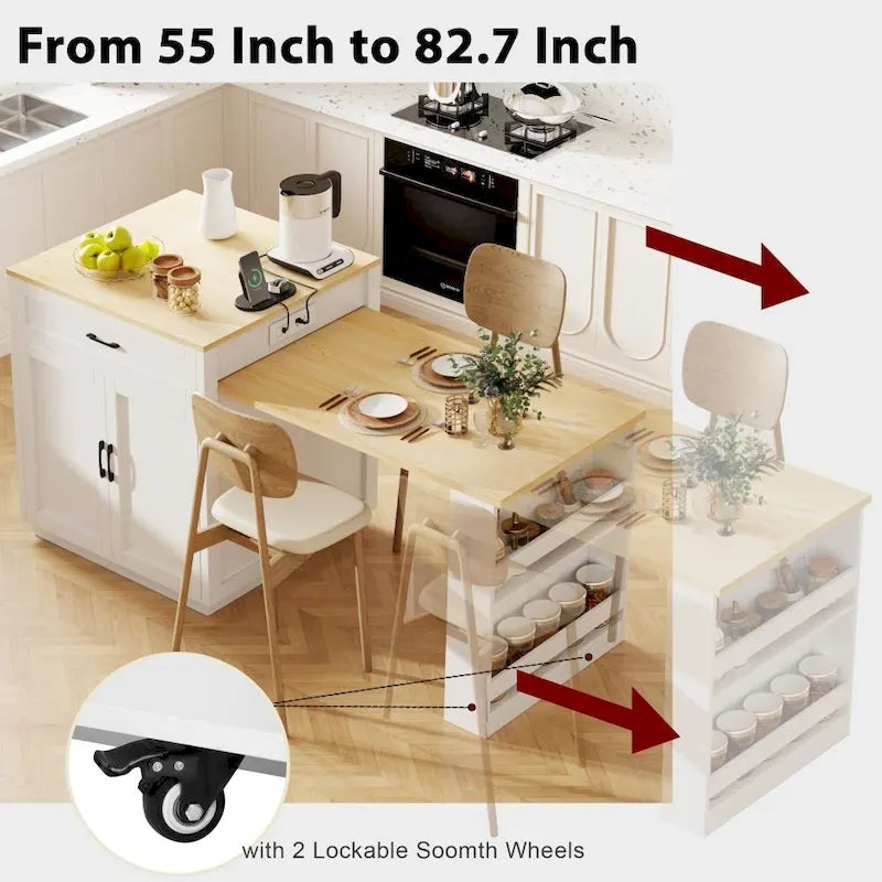 Îlot de cuisine en bois de 210 cm pour 4 à 6 personnes avec table à manger extensible et rangement double.