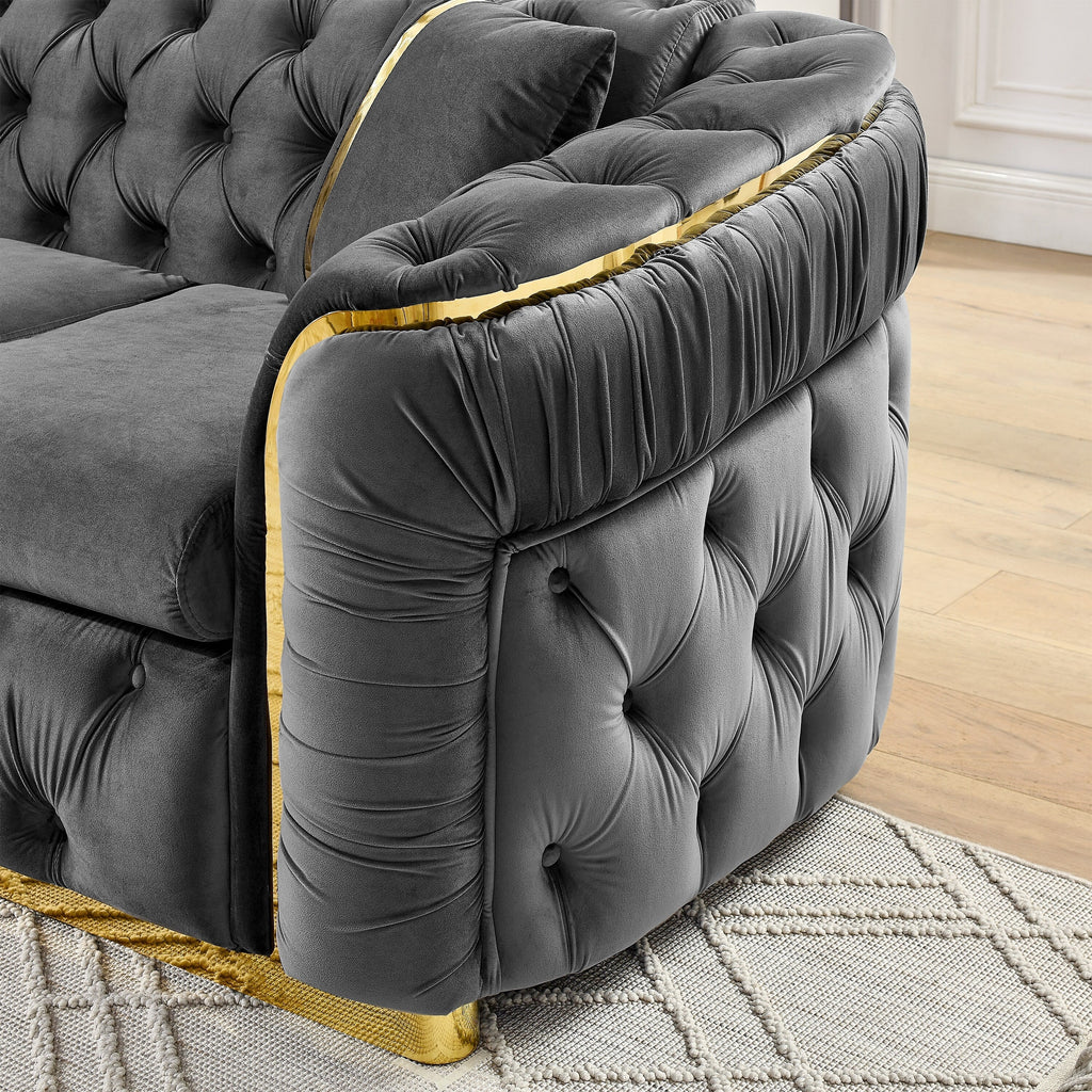 Canapé 3 places Velvet 90,6 po avec 2 oreillers, coussins haute densité, accents dorés et oreillers
