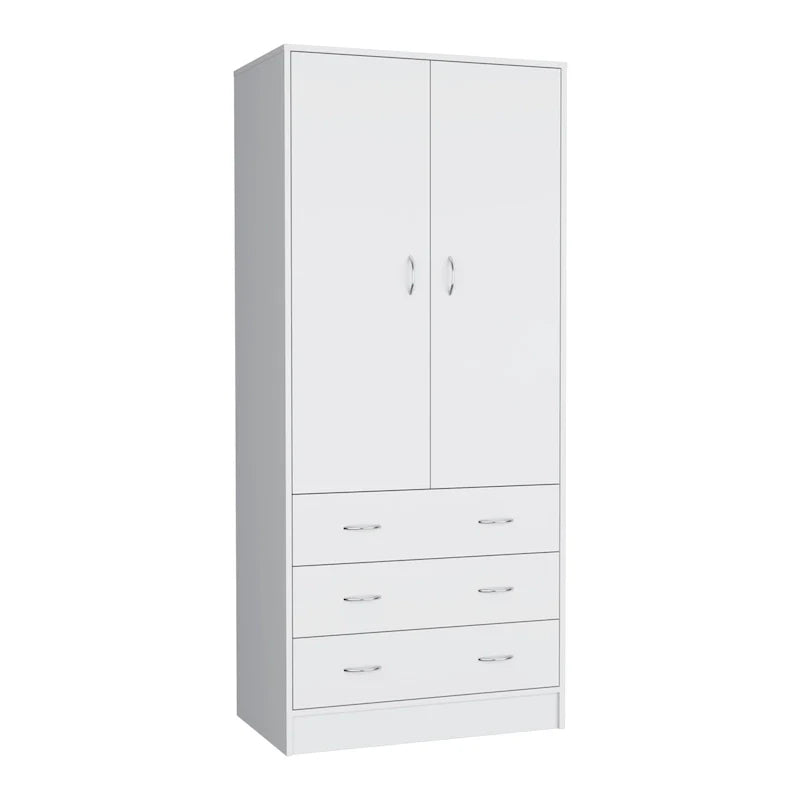 19 Armoire moderne à deux portes avec 3 tiroirs et 1 tringle de penderie pour chambre à coucher