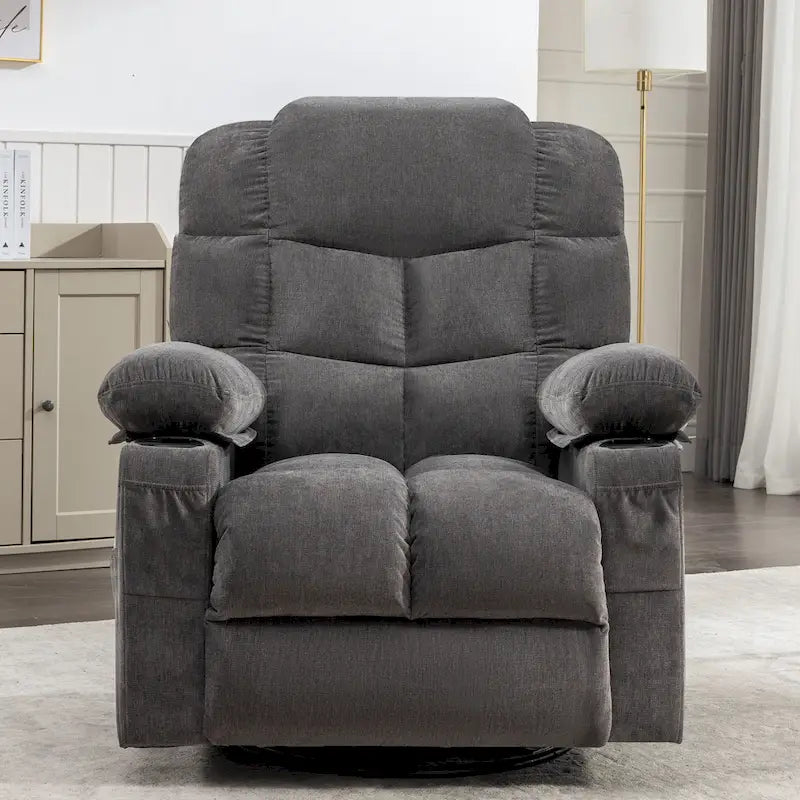 Fauteuil inclinable gris surdimensionné avec fonctions de chauffage et de massage, inclinaison à 150°, bascule à 30°, port USB pour la recharge et 2 porte-gobelets