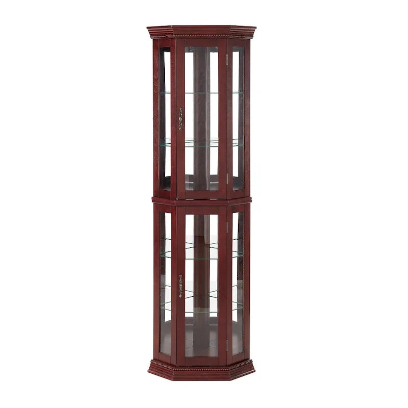 Vitrine d'angle avec éclairage, étagères réglables en verre trempé, fond miroir, meuble vitrine