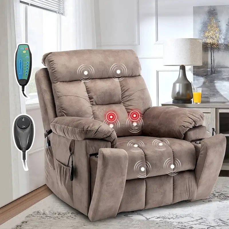 Grand fauteuil inclinable de massage électrique avec fonction de levage, chauffage et porte-gobelet dissimulé