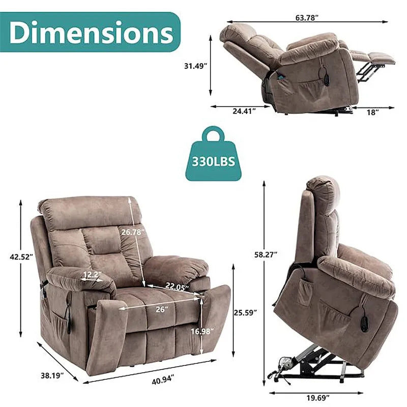 Grand fauteuil inclinable de massage électrique avec fonction de levage, chauffage et porte-gobelet dissimulé
