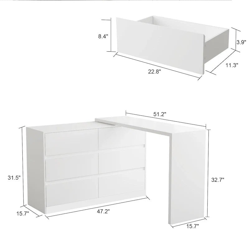Commode pivotante 32,7H et bureau coiffeuse 6 tiroirs Blanc/Noir