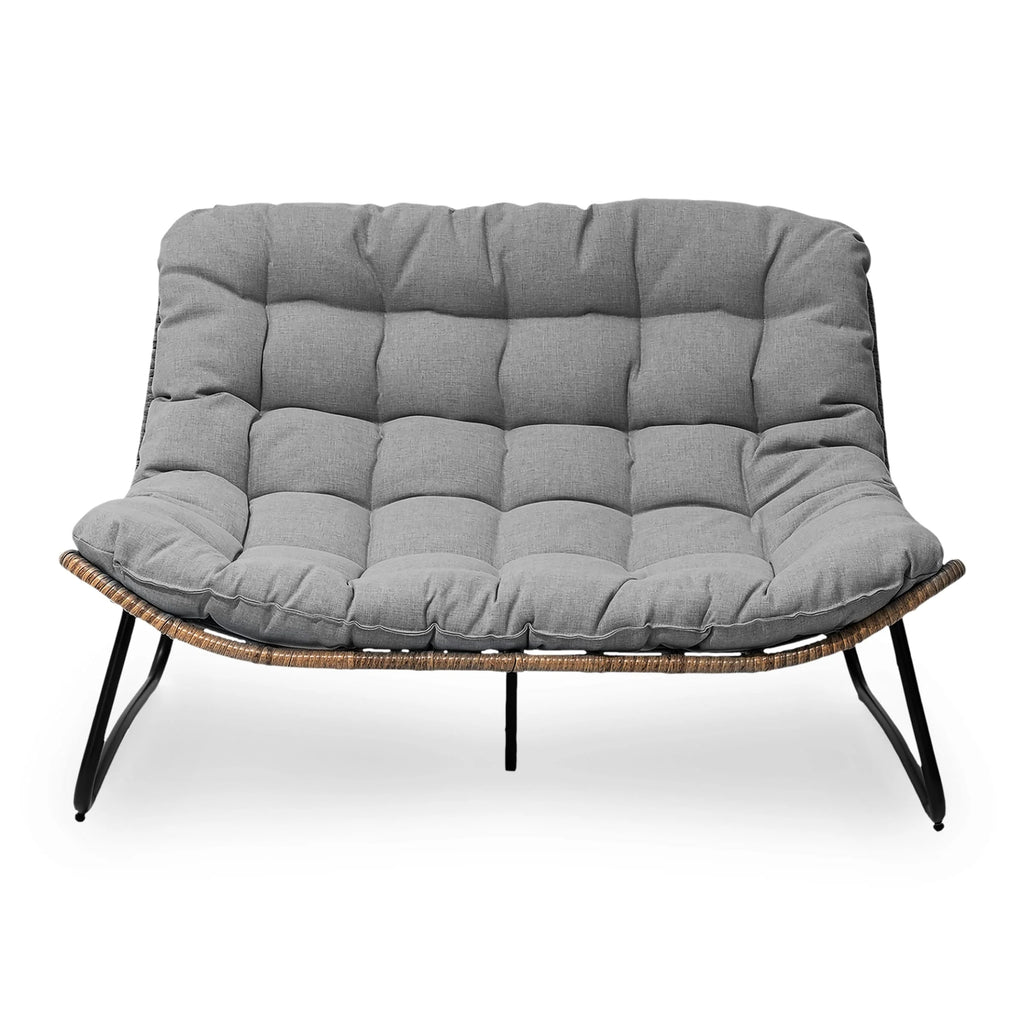 Causeuse double Papasan avec coussin, rotin PE tout temps et cadre en métal pour l'intérieur et l'extérieur