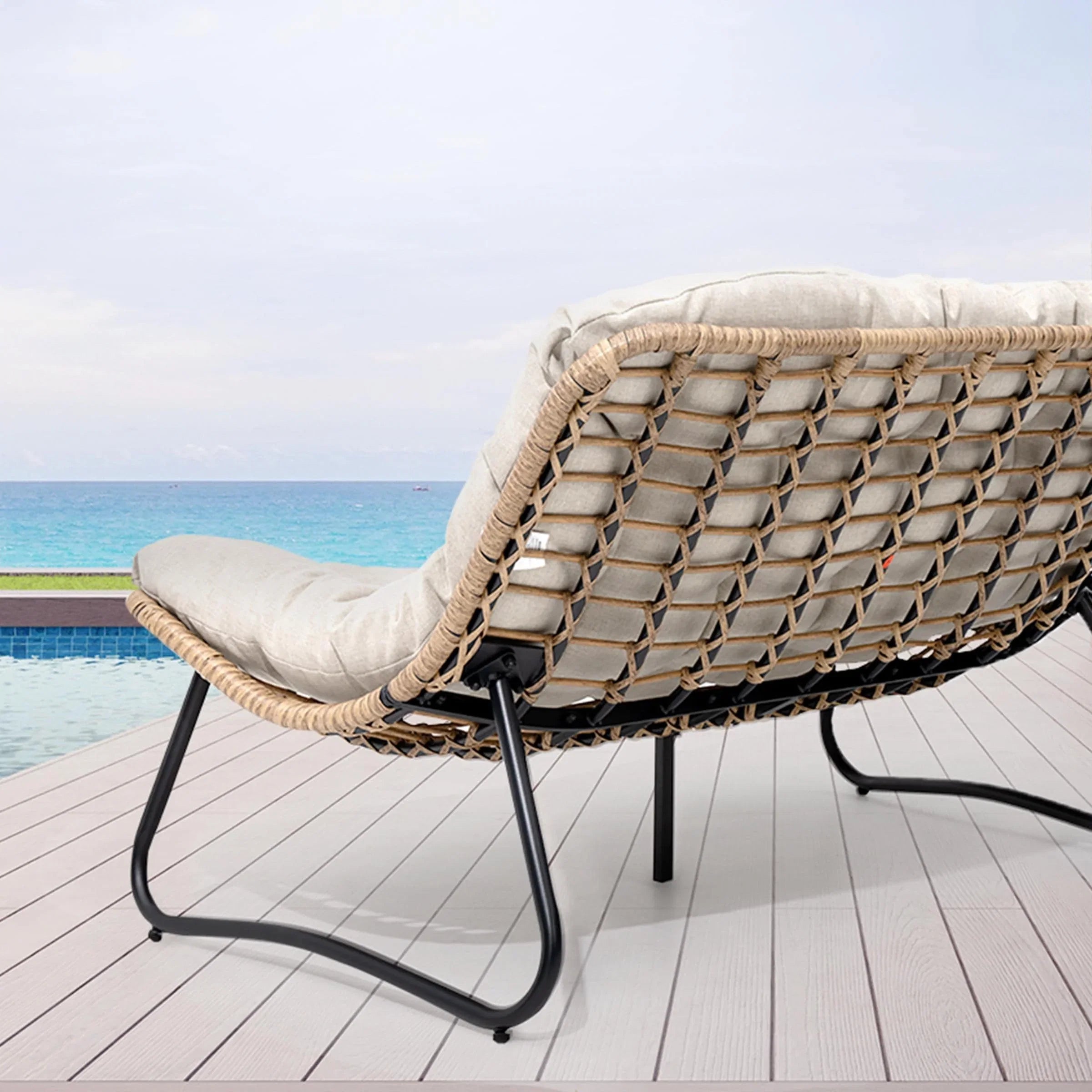 Causeuse double Papasan avec coussin, rotin PE tout temps et cadre en métal pour l'intérieur et l'extérieur