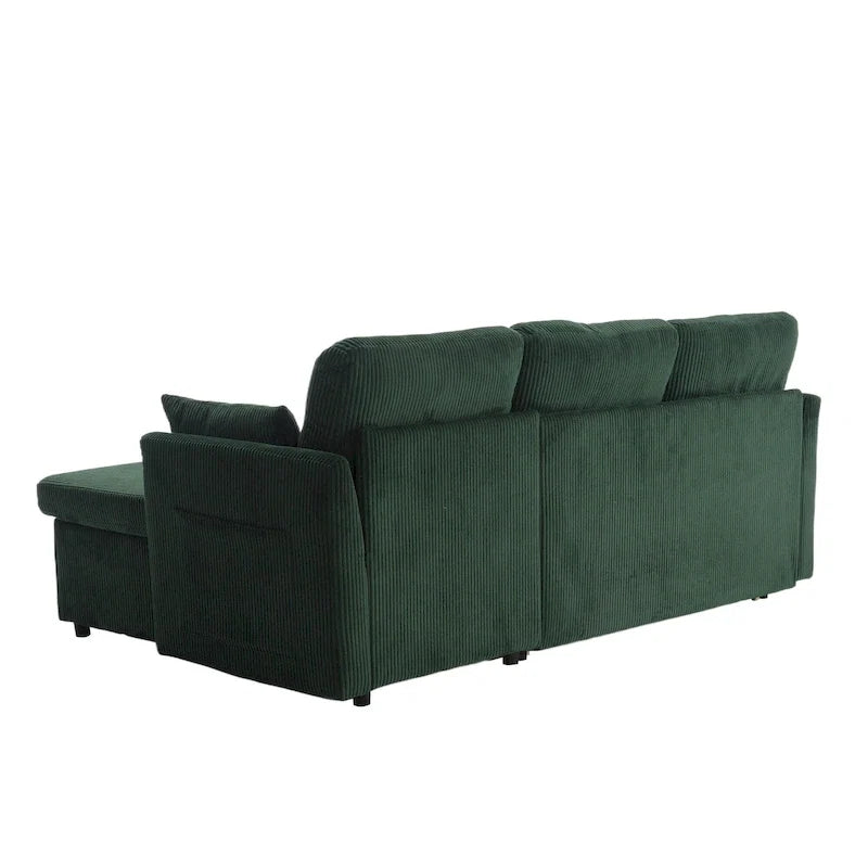 Canapé d'angle réversible en velours côtelé/chenille avec chaise longue de rangement et poche latérale