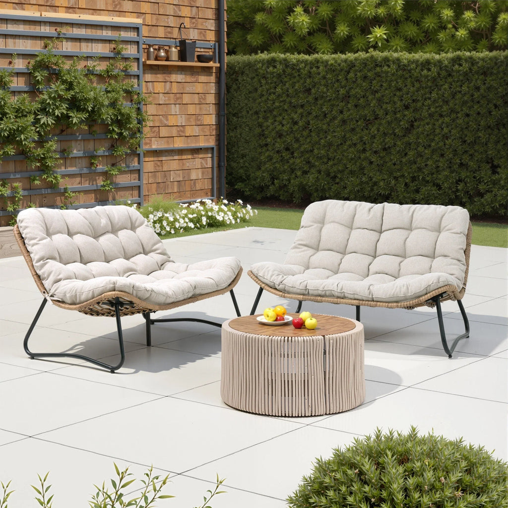 Causeuse double Papasan avec coussin, rotin PE tout temps et cadre en métal pour l'intérieur et l'extérieur