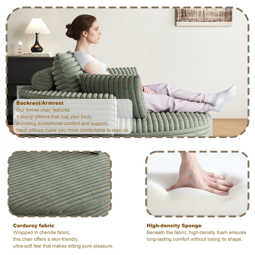 Fauteuil pivotant simple en velours côtelé et chenille avec rembourrage en mousse