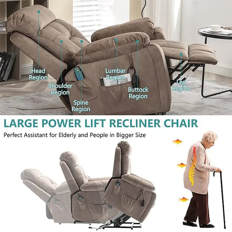 Grand fauteuil inclinable de massage électrique avec fonction de levage, chauffage et porte-gobelet dissimulé