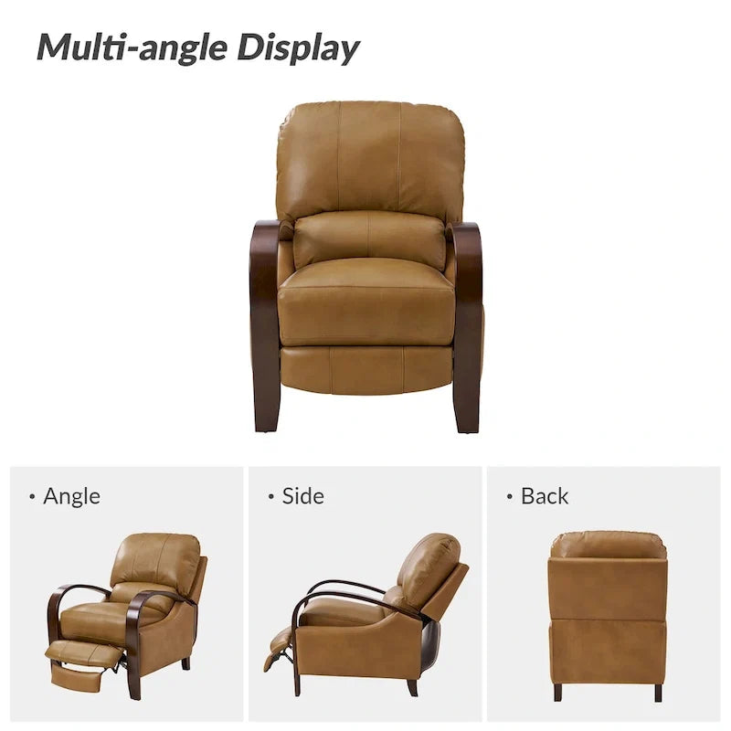 Fauteuil inclinable manuel Alex Mid-century Modern Cigar en cuir véritable avec accoudoirs incurvés en bois
