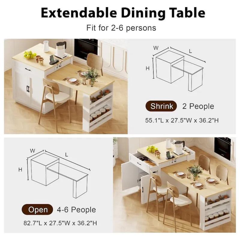 Îlot de cuisine en bois de 210 cm pour 4 à 6 personnes avec table à manger extensible et rangement double.