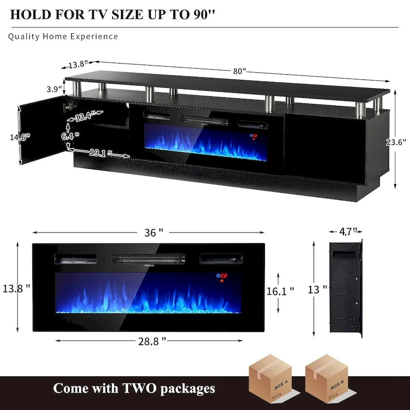 Meuble TV 2 niveaux de 80 po pour téléviseurs jusqu'à 90 po, avec foyer électrique de 36 po