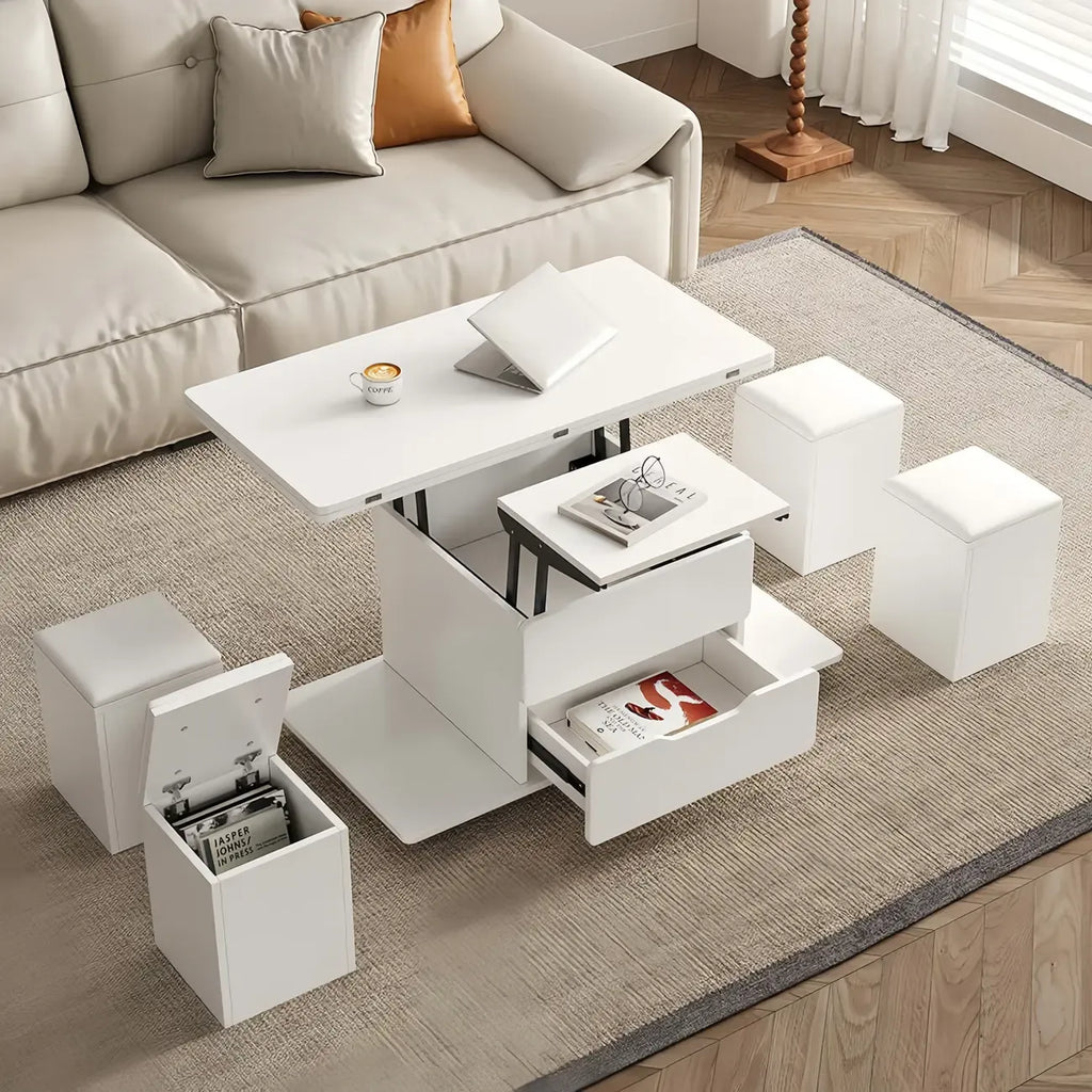 Table basse relevable pliable avec 4 tabourets et rangement