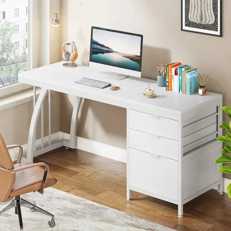 Grand bureau d'ordinateur avec meuble à tiroirs réversible