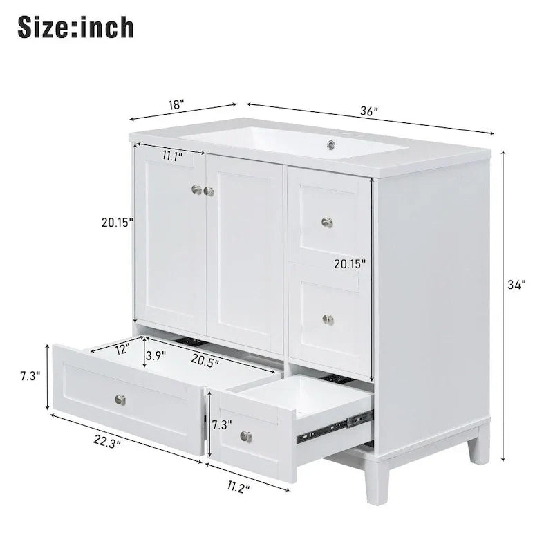 Meuble-lavabo de 36 pouces avec chargement USB, évier en résine, cadre en bois massif, 3 tiroirs de rangement