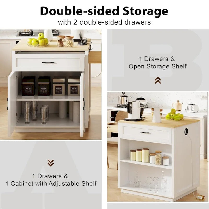 Îlot de cuisine en bois de 210 cm pour 4 à 6 personnes avec table à manger extensible et rangement double.