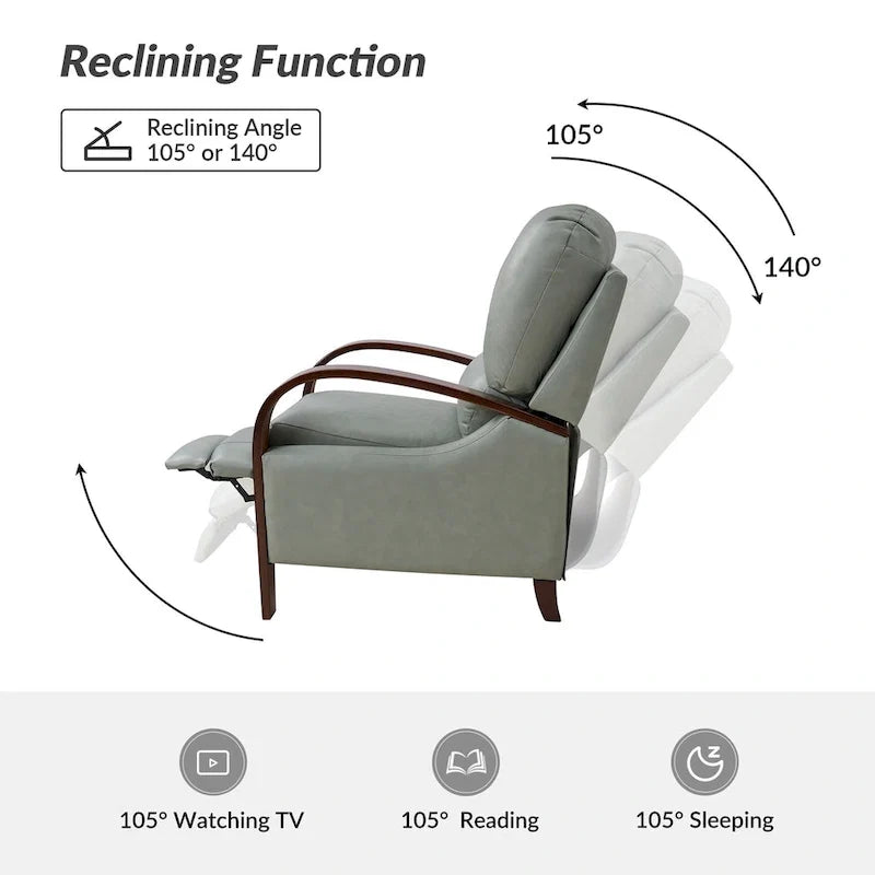 Fauteuil inclinable manuel Alex Mid-century Modern Cigar en cuir véritable avec accoudoirs incurvés en bois