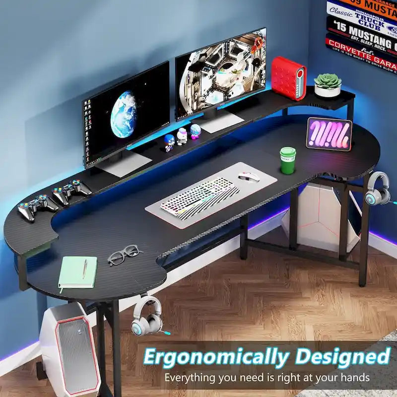Bureau de gaming avec étagère pour moniteur, bureau d'ordinateur de 75 pouces avec bande LED