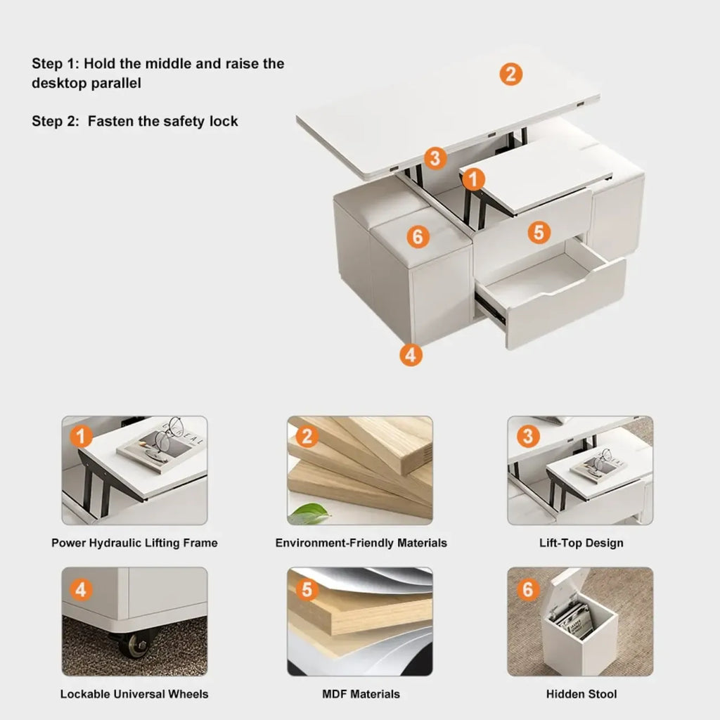 Table basse relevable pliable avec 4 tabourets et rangement