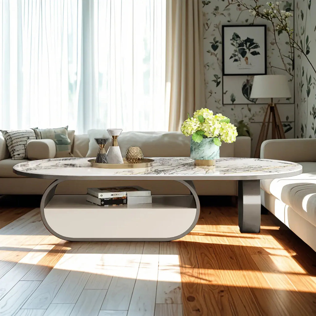 Table basse ovale contemporaine unique avec plateau en marbre et tiroir