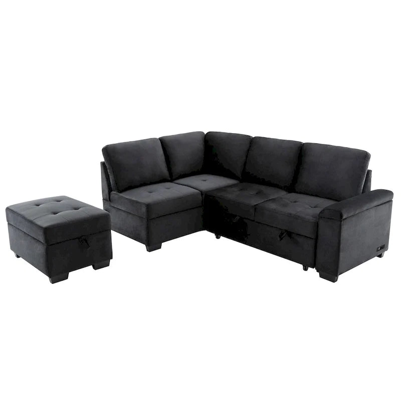 Canapé d'angle convertible 5 places en L 84,75 po avec pouf de rangement, rangement de bras dissimulé et chargement USB pour salon