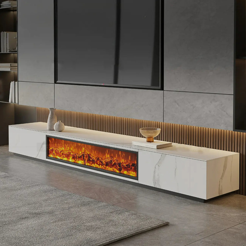 Meuble TV en pierre avec cheminée électrique noire et lumière, 87 cm de large