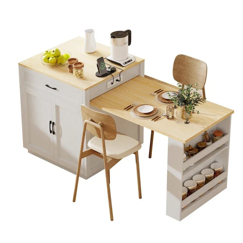 Îlot de cuisine en bois de 210 cm pour 4 à 6 personnes avec table à manger extensible et rangement double.
