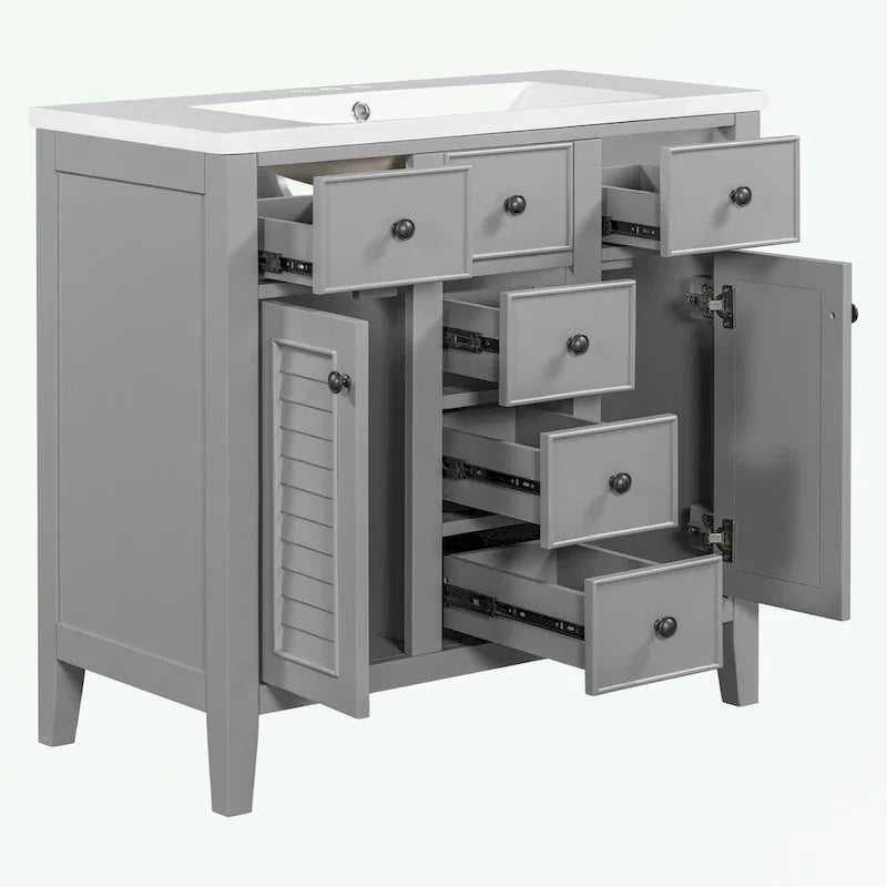 Meuble-lavabo avec vasque en céramique, deux placards et cinq tiroirs