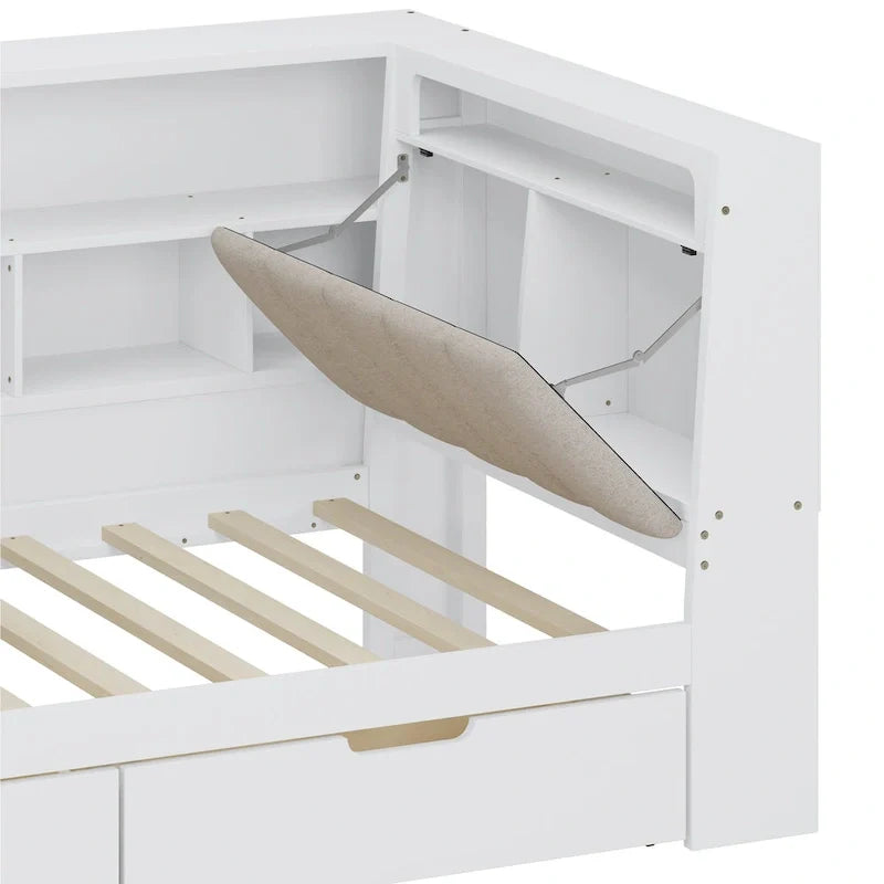 Canapé-lit d'angle en bois en forme de L avec bureau, bibliothèque, lit d'angle avec tiroirs de rangement, tête de lit rembourrée et éclairage intégré