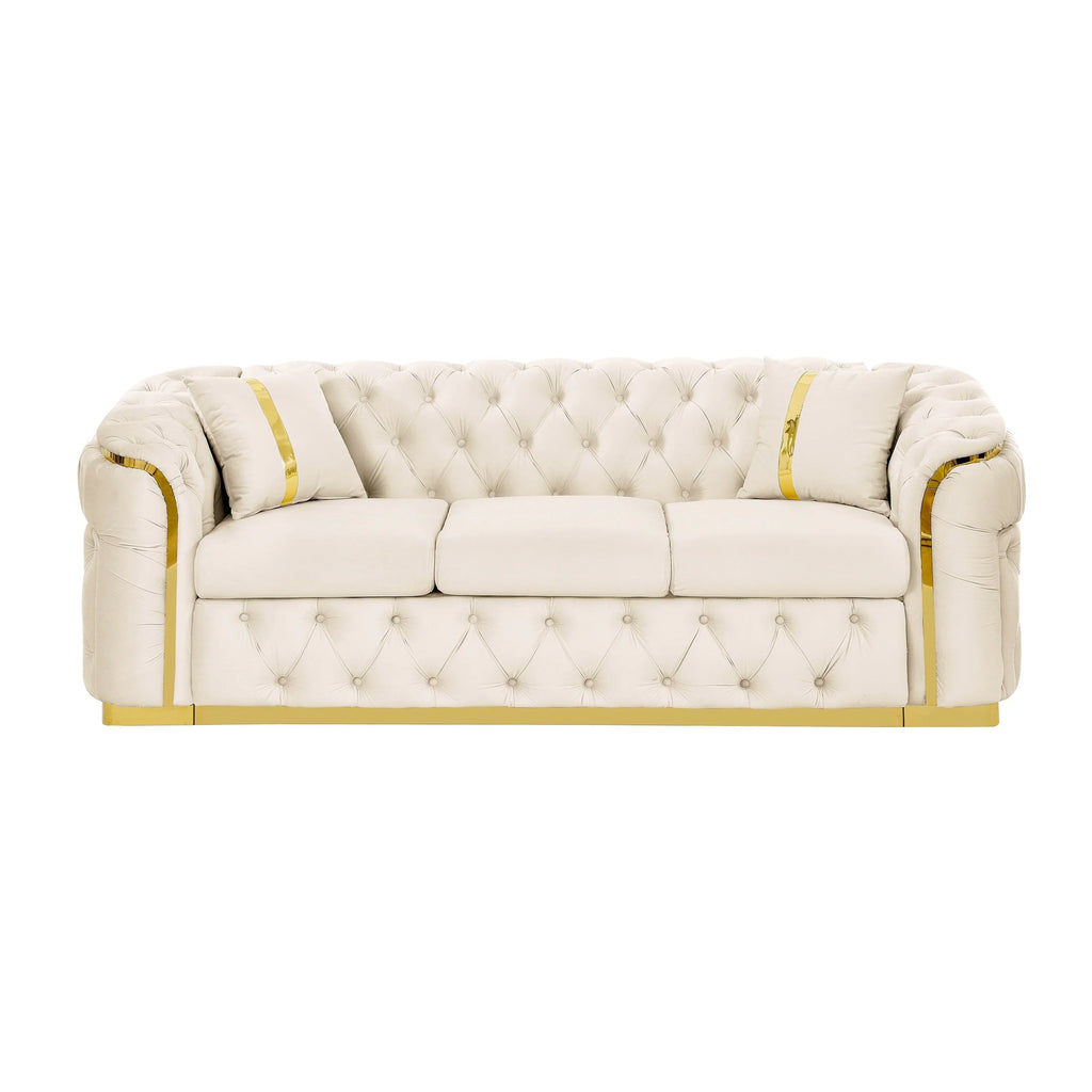 Canapé 3 places Velvet 90,6 po avec 2 oreillers, coussins haute densité, accents dorés et oreillers