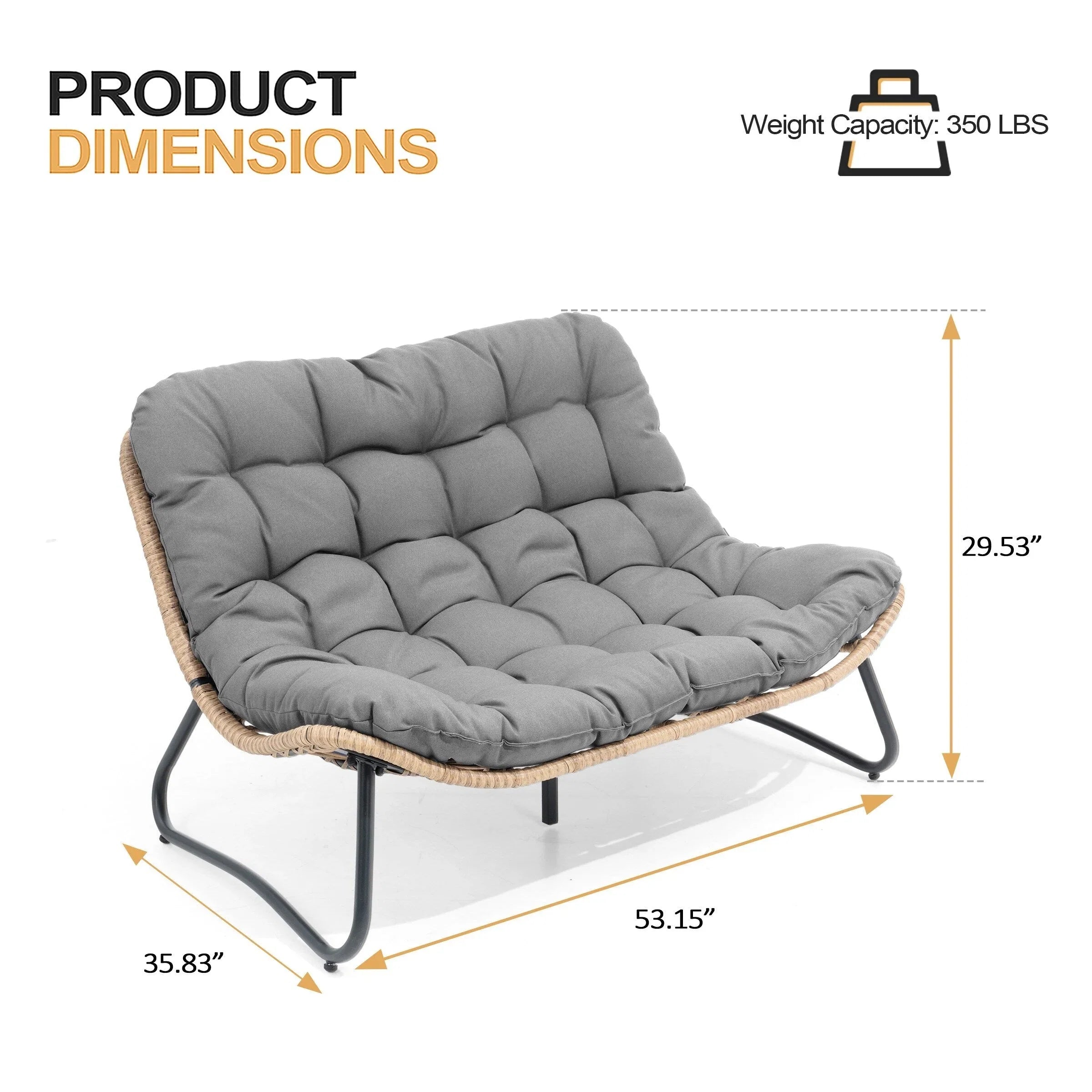 Causeuse double Papasan avec coussin, rotin PE tout temps et cadre en métal pour l'intérieur et l'extérieur