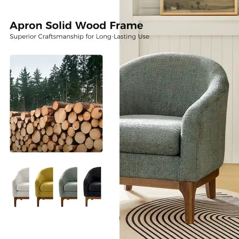 Fauteuil tonneau moderne Augus en bouclette avec pieds en bois massif par HULALA HOME