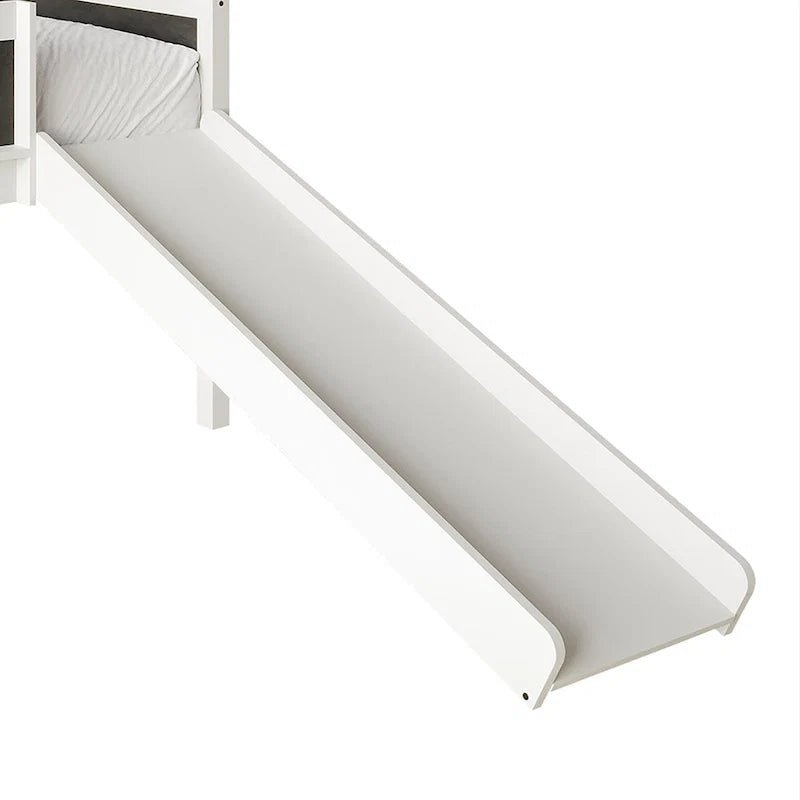Lit mezzanine bas classique double CraftPorch avec tableau noir, toboggan et échelle