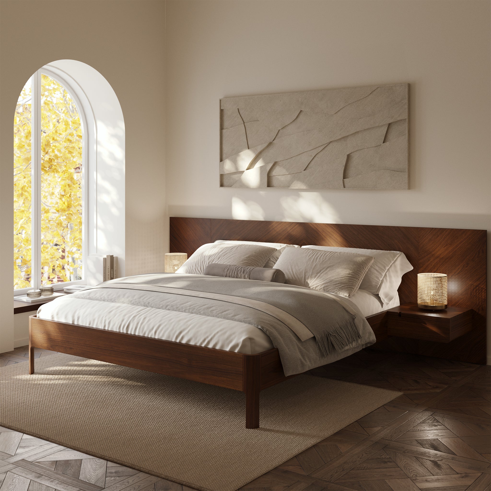 Lit bas avec tables de chevet | Noyer | King