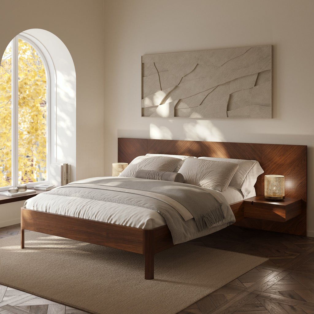 Lit bas avec tables de chevet | Noyer | Queen