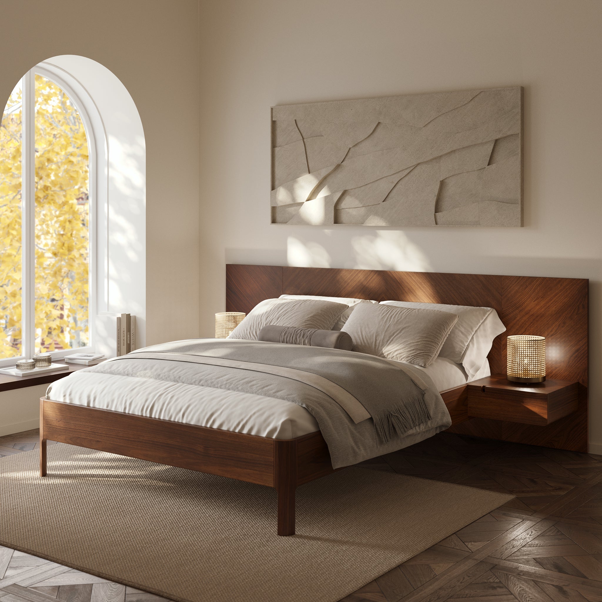 Lit bas avec tables de chevet | Noyer | Queen