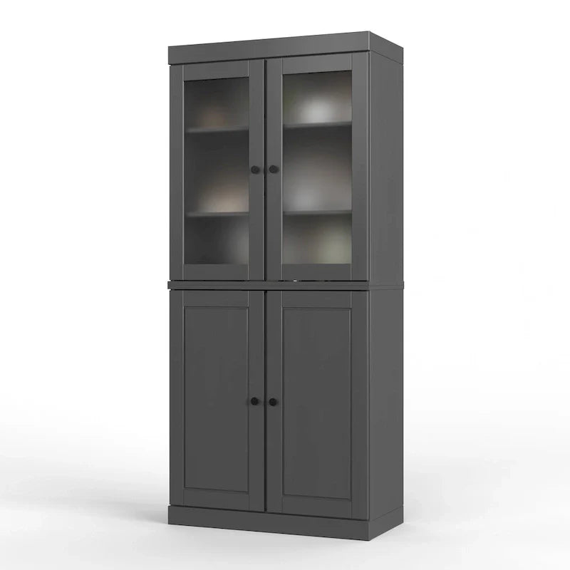 Meuble de rangement en bois massif avec portes en verre dépoli, portes pleines, 2 tiroirs et étagères réglables