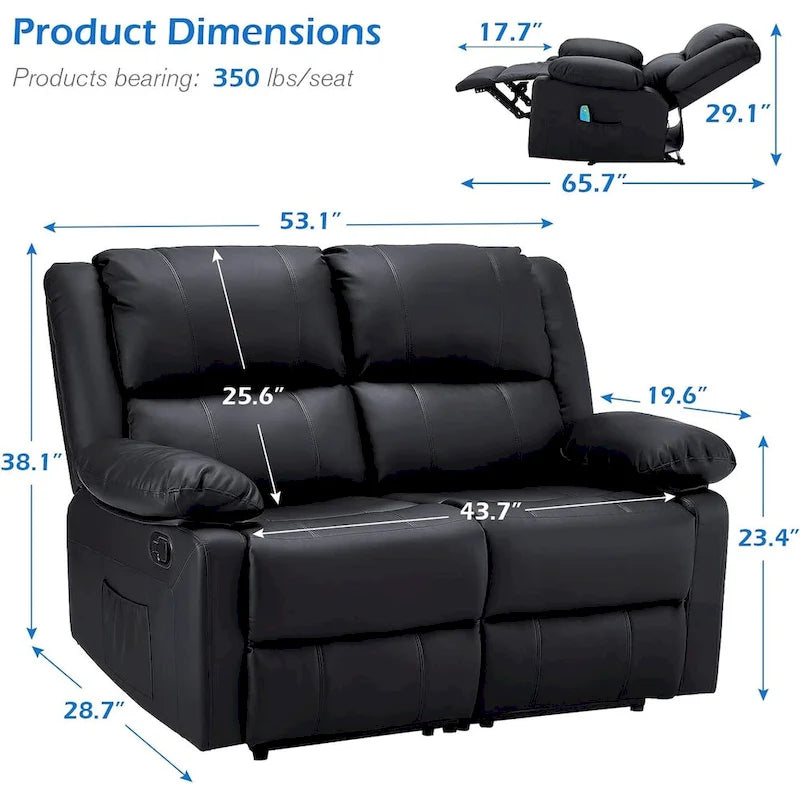 Causeuse inclinable 2 places avec fonction de chauffage et de massage
