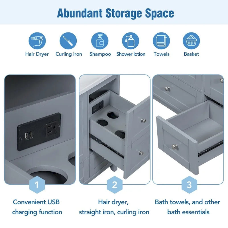 Meuble-lavabo de 36 pouces avec chargement USB, évier en résine, cadre en bois massif, 3 tiroirs de rangement